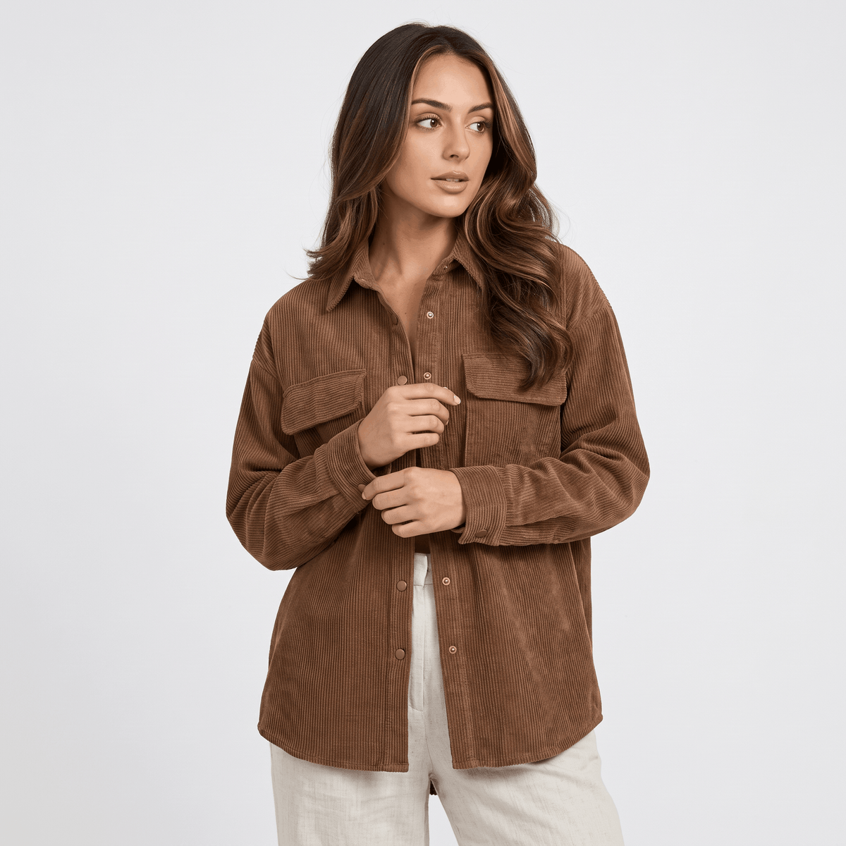 Keanna Wide Wale Corduroy Shirt Jacket – Oversized Button-Down Drop Shoulder Long Sleeve Top