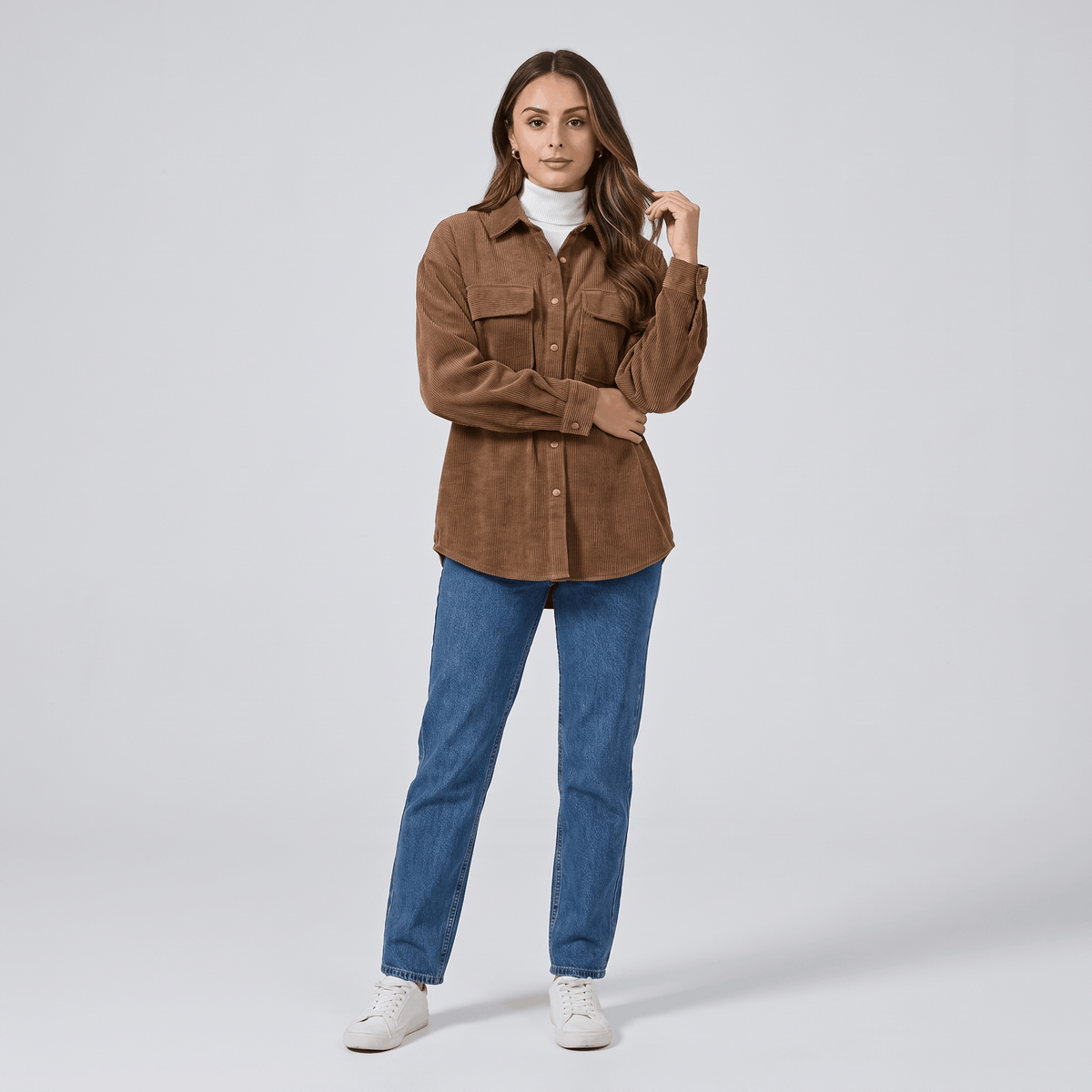 Keanna Wide Wale Corduroy Shirt Jacket – Oversized Button-Down Drop Shoulder Long Sleeve Top