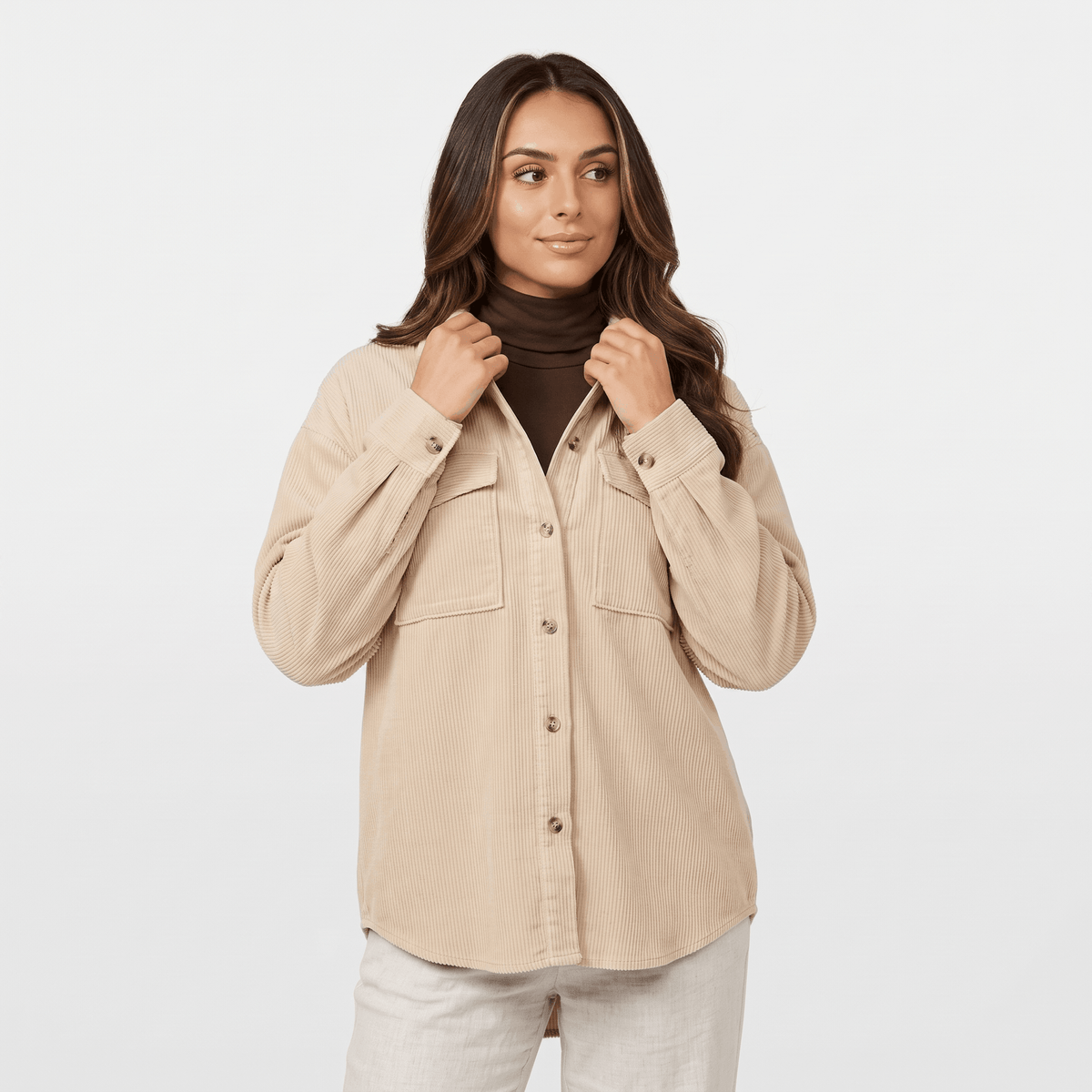 Keanna Wide Wale Corduroy Shirt Jacket – Oversized Button-Down Drop Shoulder Long Sleeve Top