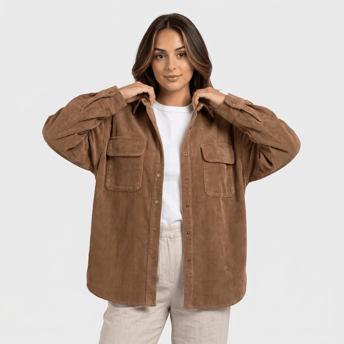 Keanna Wide Wale Corduroy Shirt Jacket – Oversized Button-Down Drop Shoulder Long Sleeve Top
