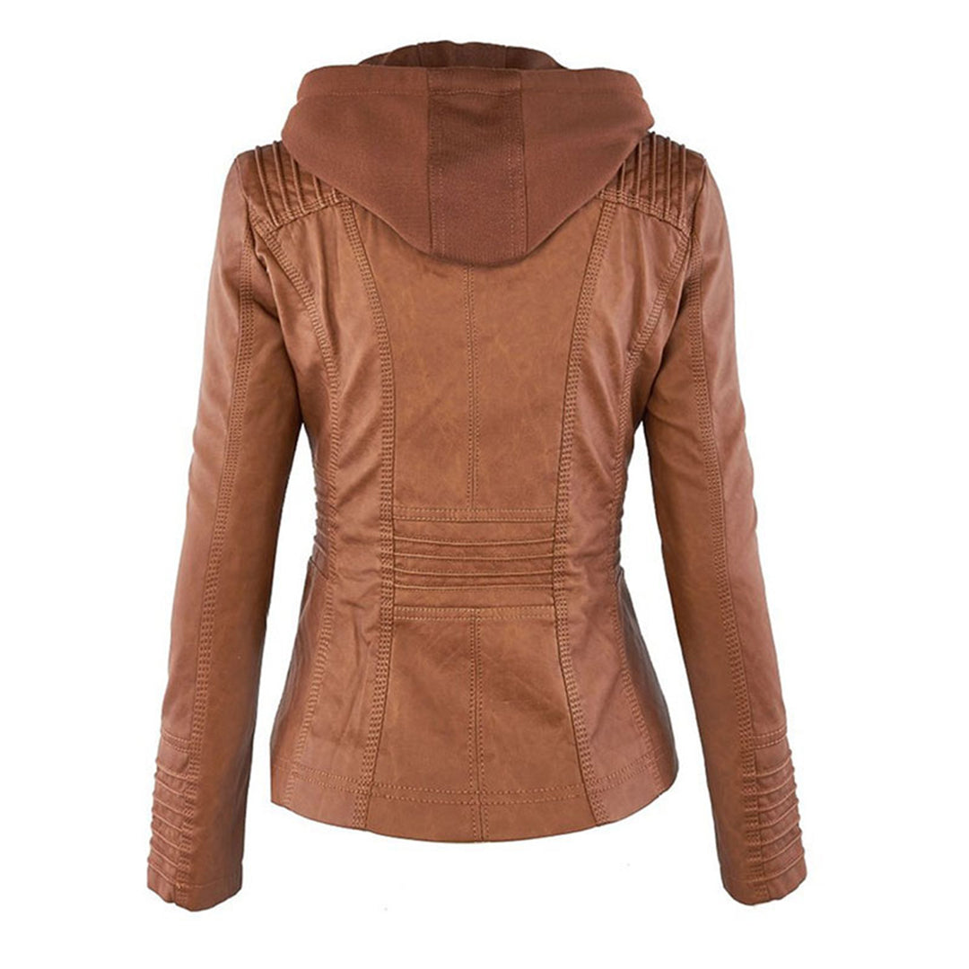 Women’s Hooded Leather-Look Jacket with Zip Details – Fitted Silhouette for Everyday and Mid-Season Styling