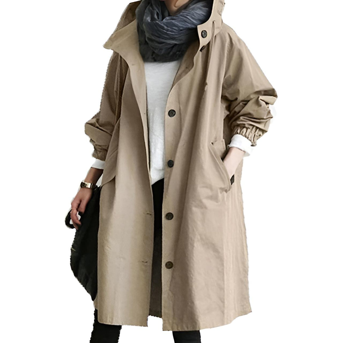 Women's Button-Front Trench Coat with Hood and Pockets