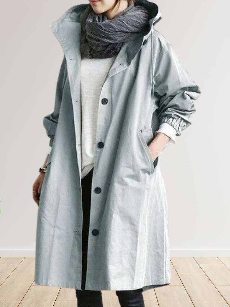 Women's Button-Front Trench Coat with Hood and Pockets