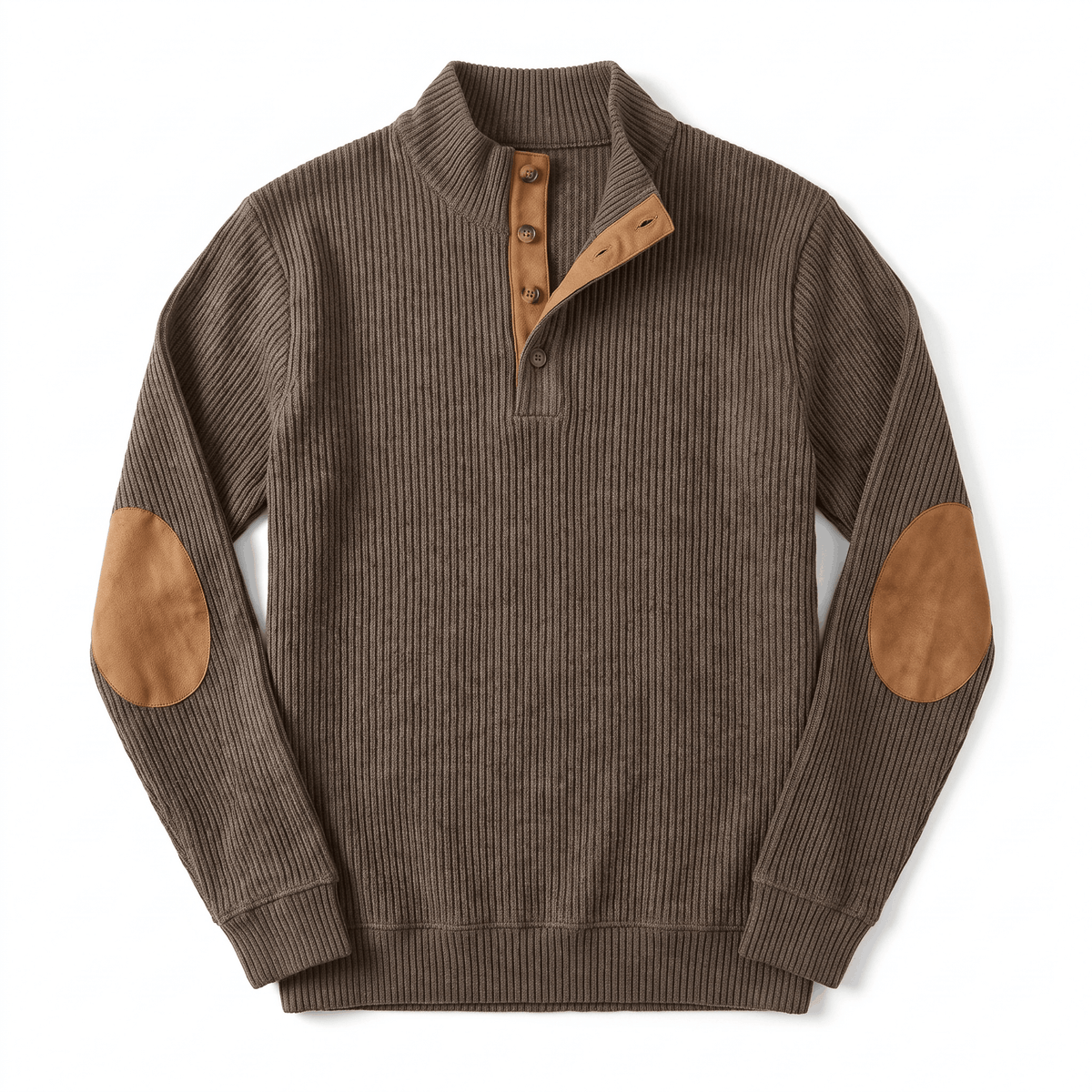 Kingston Ribbed Knit Henley Sweater – Contrast Elbow Patch Snap Stand Collar Relaxed Fit Pullover
