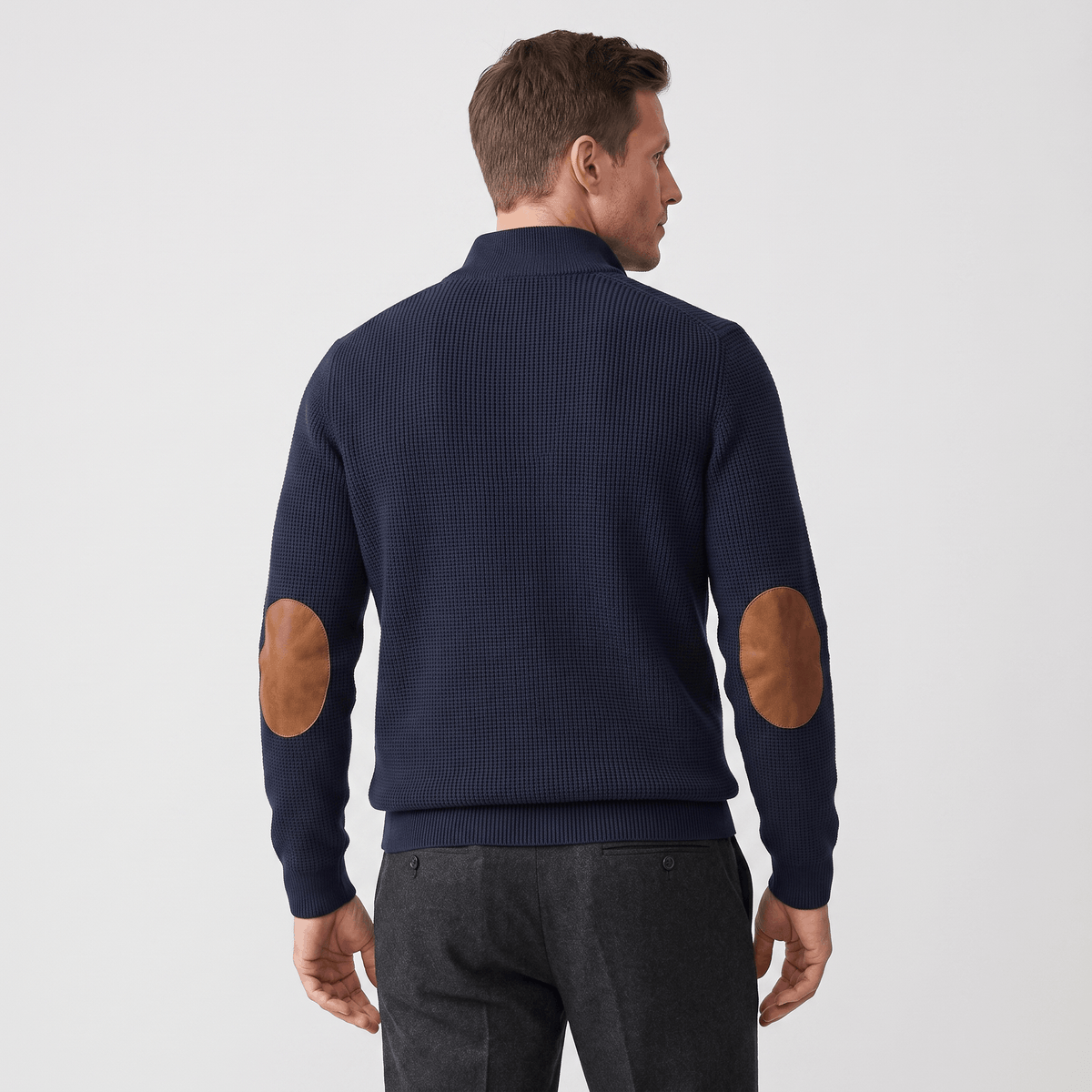 Kingston Ribbed Knit Henley Sweater – Contrast Elbow Patch Snap Stand Collar Relaxed Fit Pullover