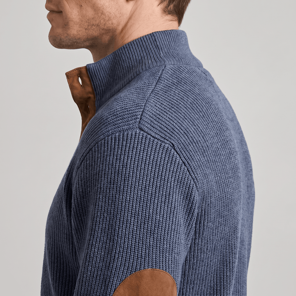 Kingston Ribbed Knit Henley Sweater – Contrast Elbow Patch Snap Stand Collar Relaxed Fit Pullover