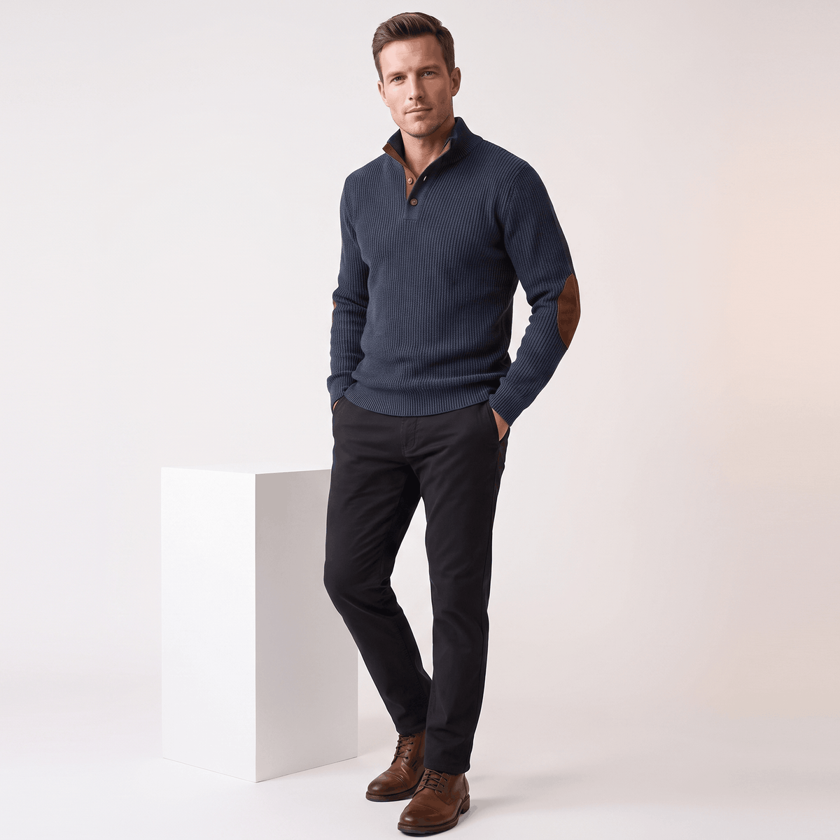 Kingston Ribbed Knit Henley Sweater – Contrast Elbow Patch Snap Stand Collar Relaxed Fit Pullover