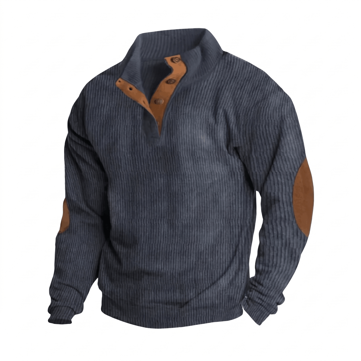 Kingston Ribbed Knit Henley Sweater – Contrast Elbow Patch Snap Stand Collar Relaxed Fit Pullover