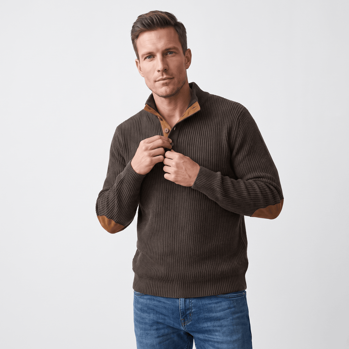 Kingston Ribbed Knit Henley Sweater – Contrast Elbow Patch Snap Stand Collar Relaxed Fit Pullover