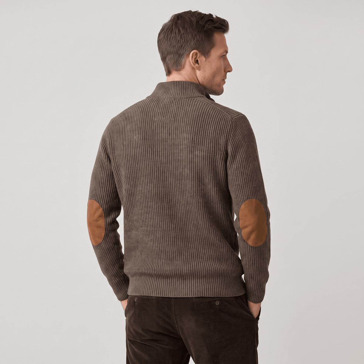 Kingston Ribbed Knit Henley Sweater – Contrast Elbow Patch Snap Stand Collar Relaxed Fit Pullover