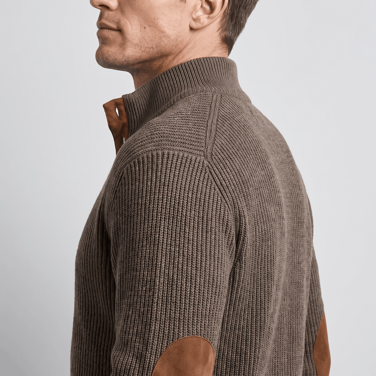 Kingston Ribbed Knit Henley Sweater – Contrast Elbow Patch Snap Stand Collar Relaxed Fit Pullover