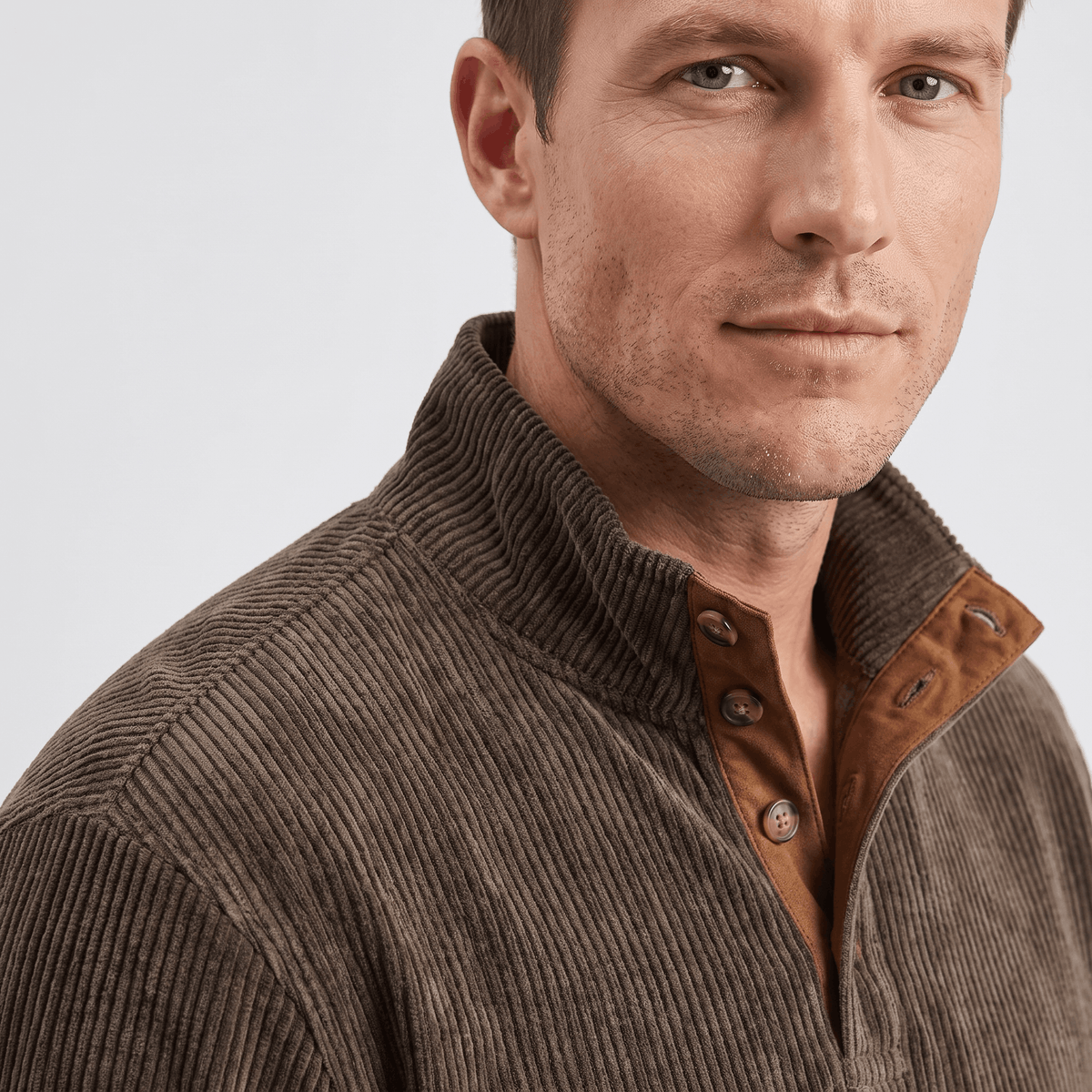 Kingston Ribbed Knit Henley Sweater – Contrast Elbow Patch Snap Stand Collar Relaxed Fit Pullover