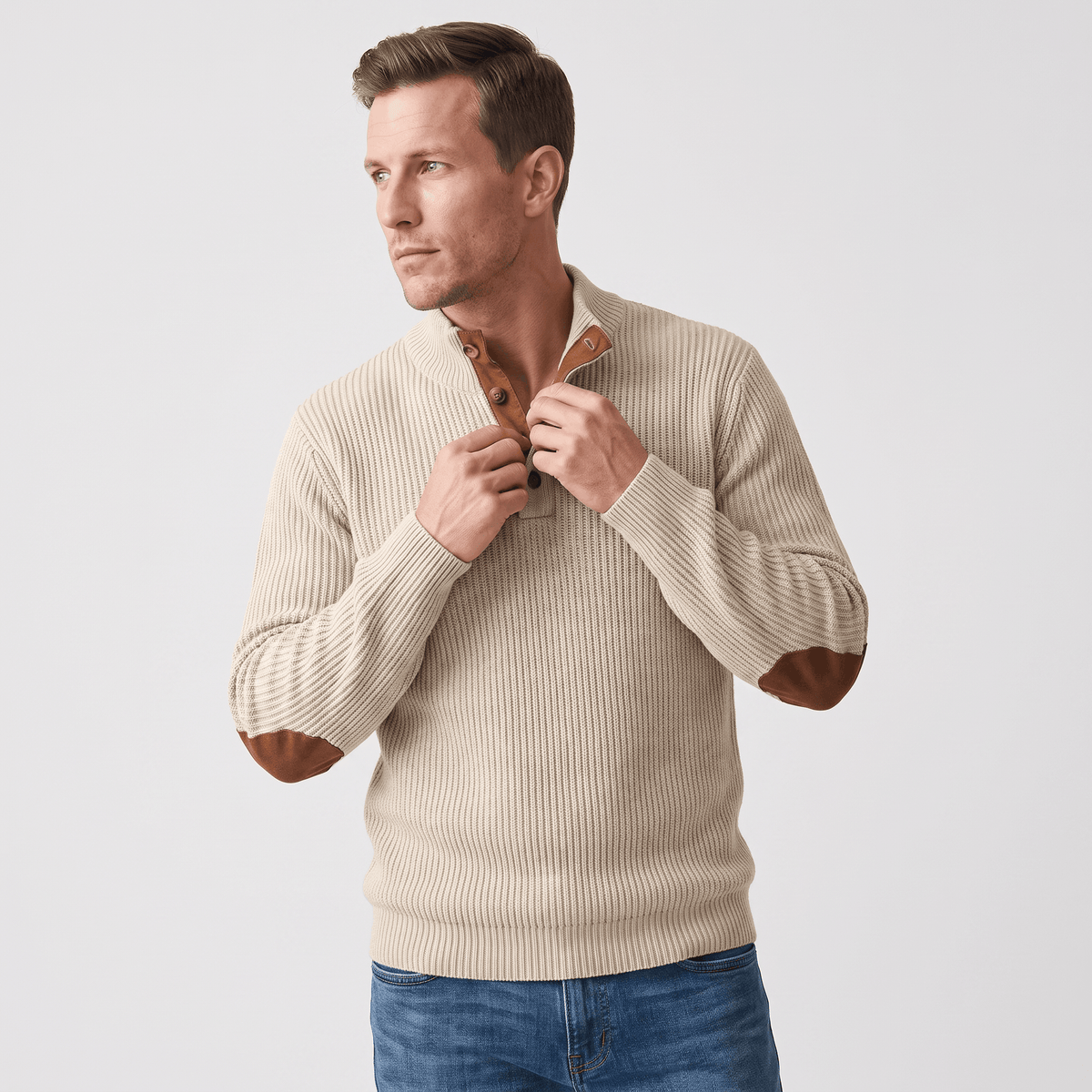 Kingston Ribbed Knit Henley Sweater – Contrast Elbow Patch Snap Stand Collar Relaxed Fit Pullover