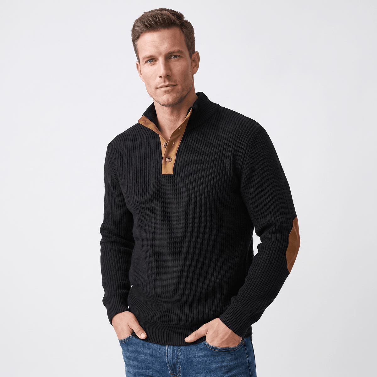 Kingston Ribbed Knit Henley Sweater – Contrast Elbow Patch Snap Stand Collar Relaxed Fit Pullover
