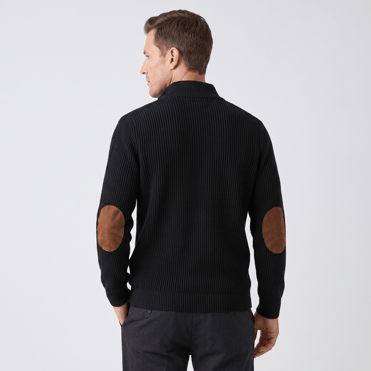 Kingston Ribbed Knit Henley Sweater – Contrast Elbow Patch Snap Stand Collar Relaxed Fit Pullover