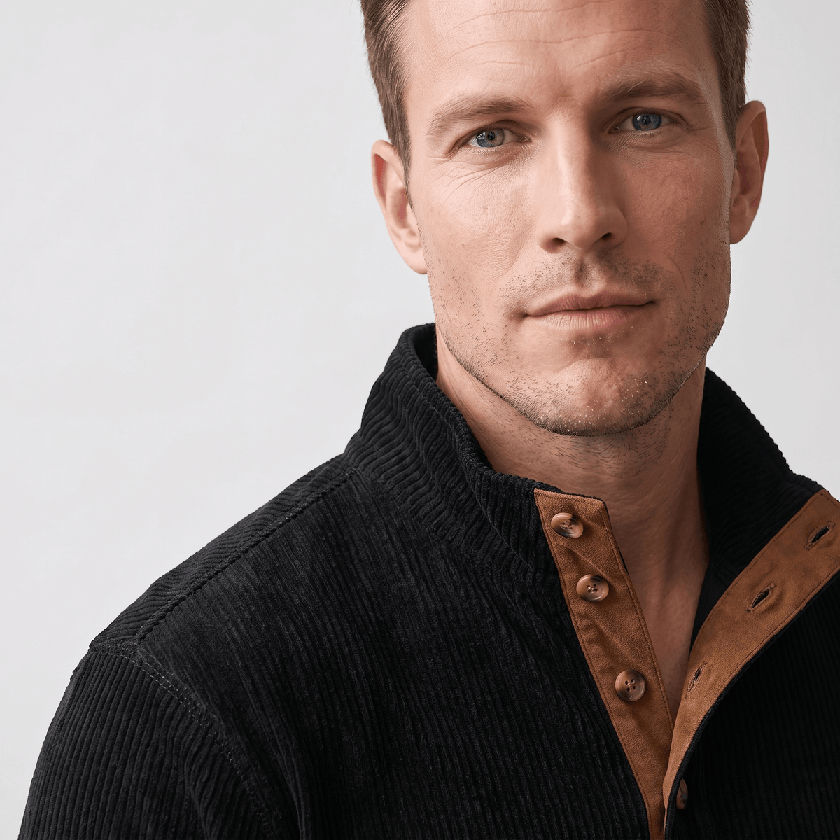 Kingston Ribbed Knit Henley Sweater – Contrast Elbow Patch Snap Stand Collar Relaxed Fit Pullover