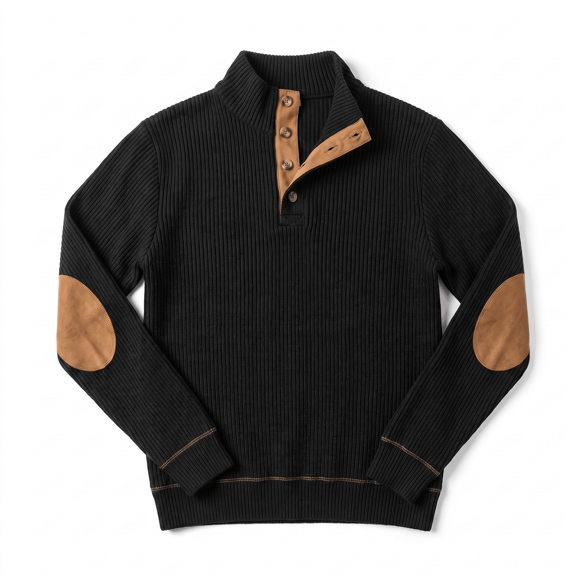 Kingston Ribbed Knit Henley Sweater – Contrast Elbow Patch Snap Stand Collar Relaxed Fit Pullover