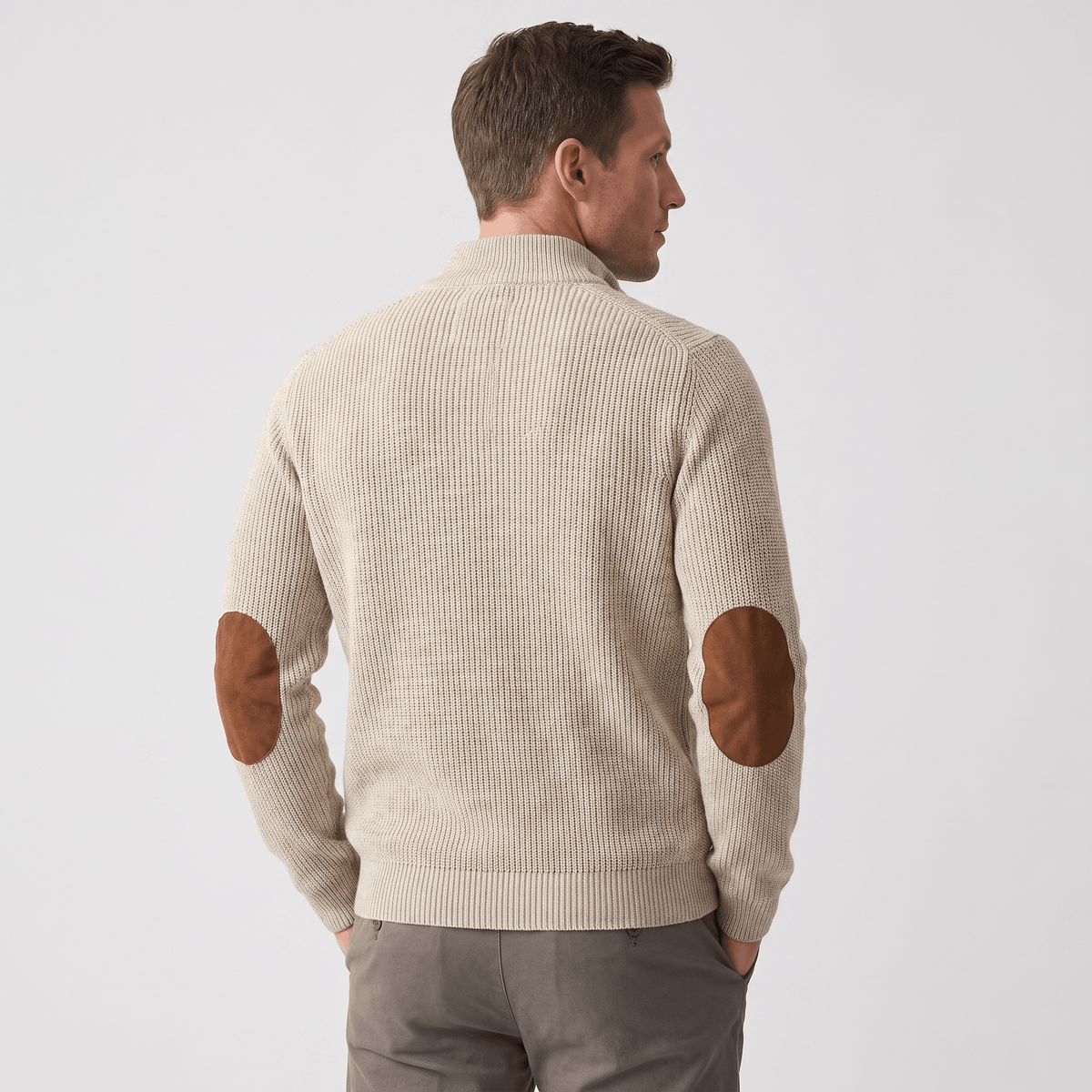 Kingston Ribbed Knit Henley Sweater – Contrast Elbow Patch Snap Stand Collar Relaxed Fit Pullover