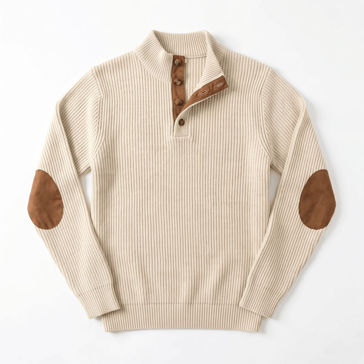 Kingston Ribbed Knit Henley Sweater – Contrast Elbow Patch Snap Stand Collar Relaxed Fit Pullover
