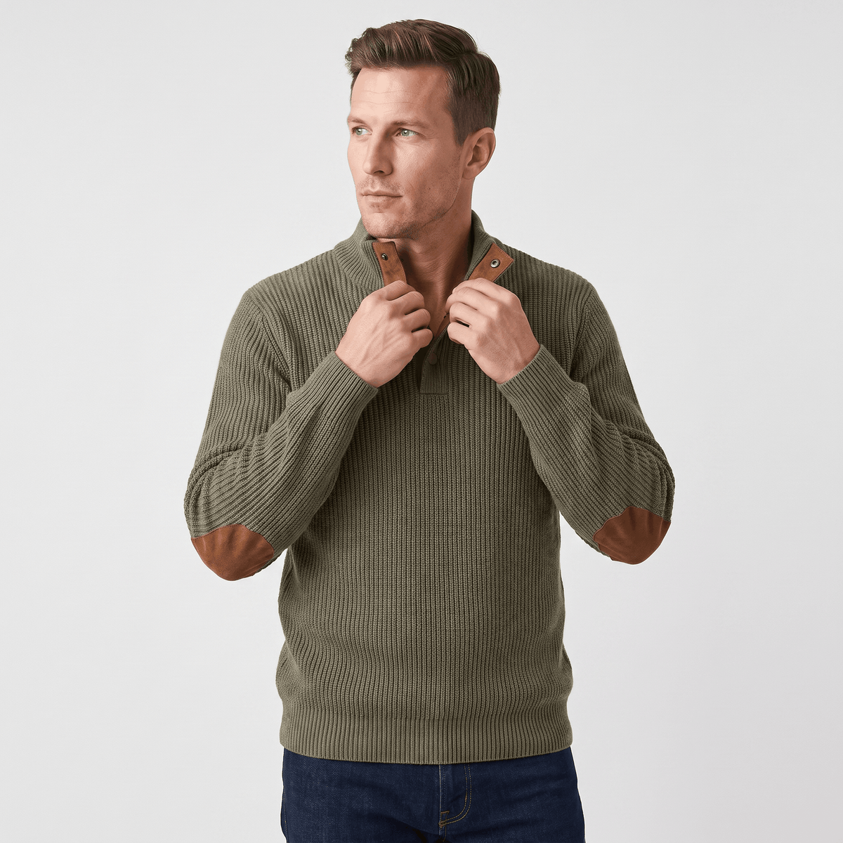 Kingston Ribbed Knit Henley Sweater – Contrast Elbow Patch Snap Stand Collar Relaxed Fit Pullover