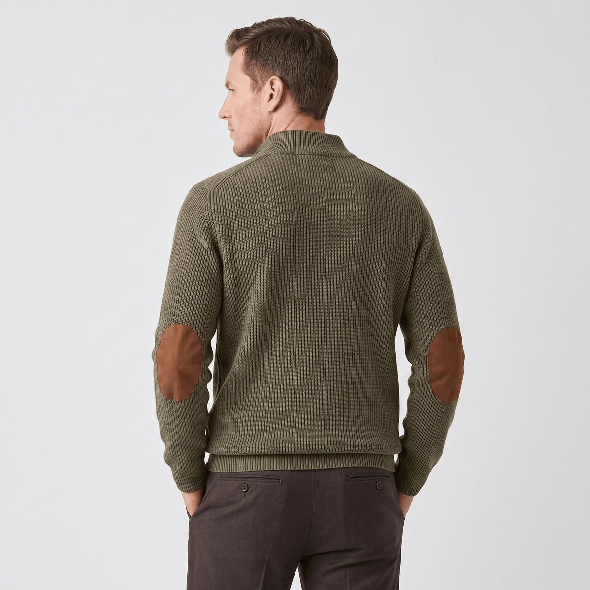 Kingston Ribbed Knit Henley Sweater – Contrast Elbow Patch Snap Stand Collar Relaxed Fit Pullover