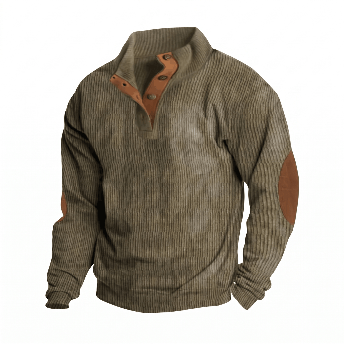 Kingston Ribbed Knit Henley Sweater – Contrast Elbow Patch Snap Stand Collar Relaxed Fit Pullover