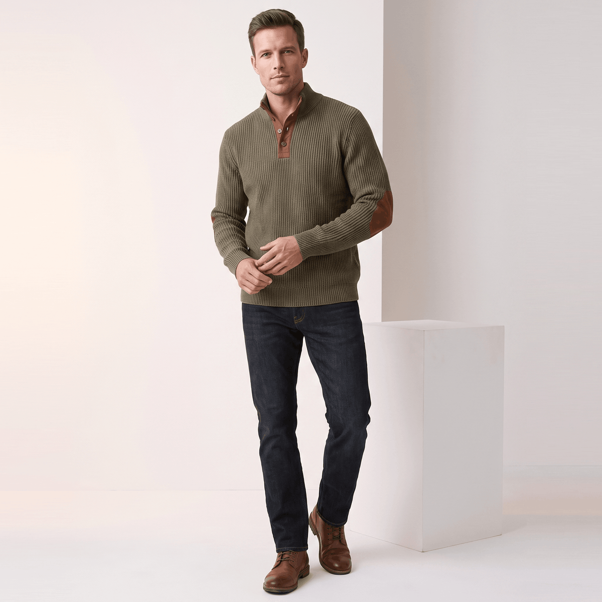 Kingston Ribbed Knit Henley Sweater – Contrast Elbow Patch Snap Stand Collar Relaxed Fit Pullover