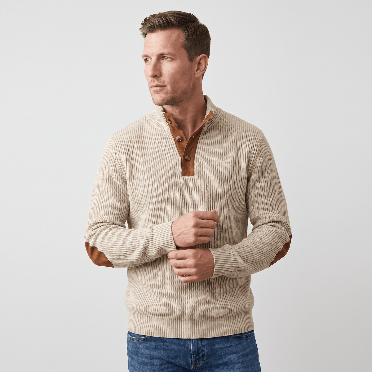 Kingston Ribbed Knit Henley Sweater – Contrast Elbow Patch Snap Stand Collar Relaxed Fit Pullover