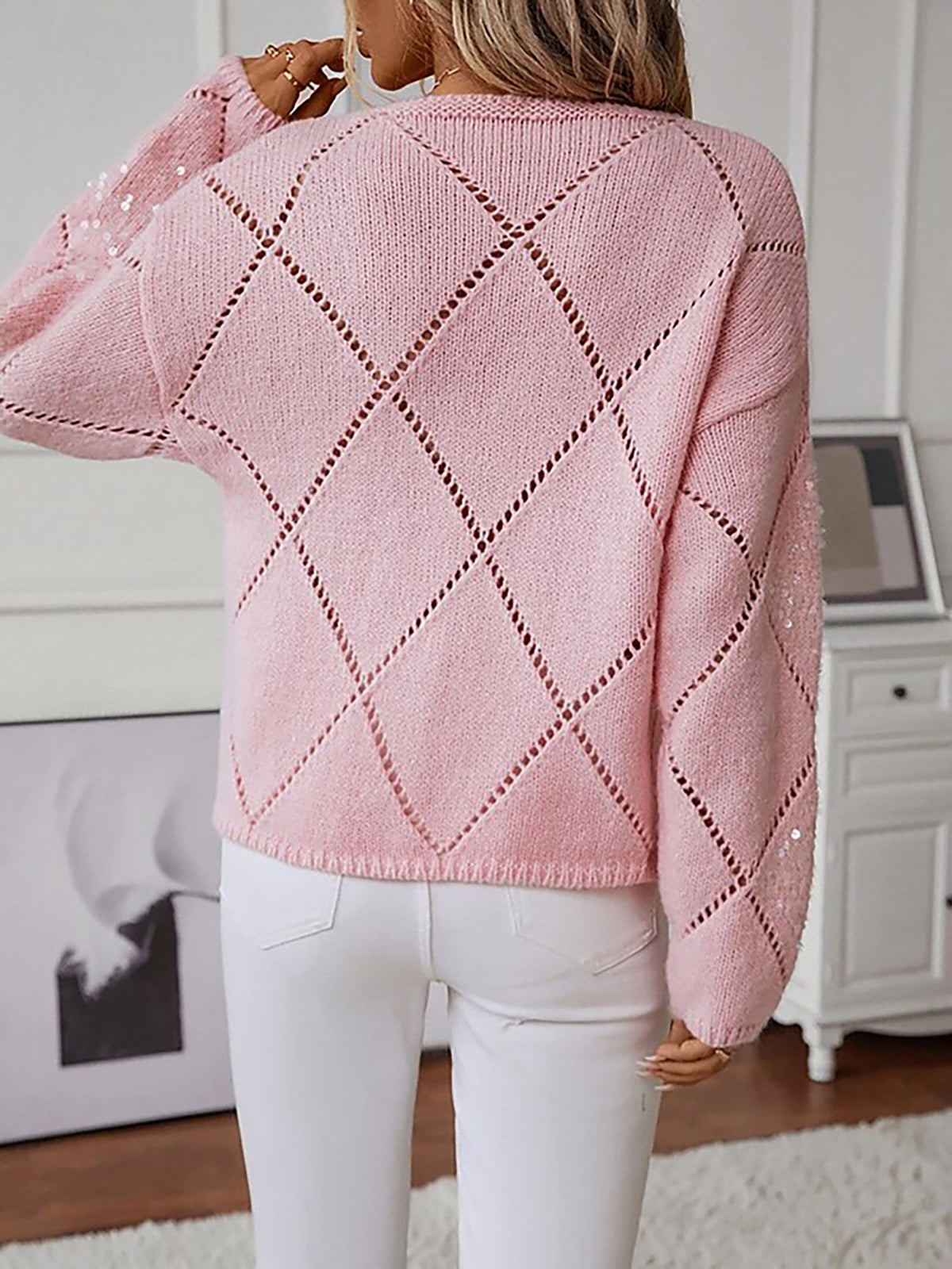 Greta-June Sequin Diamond Knit Sweater