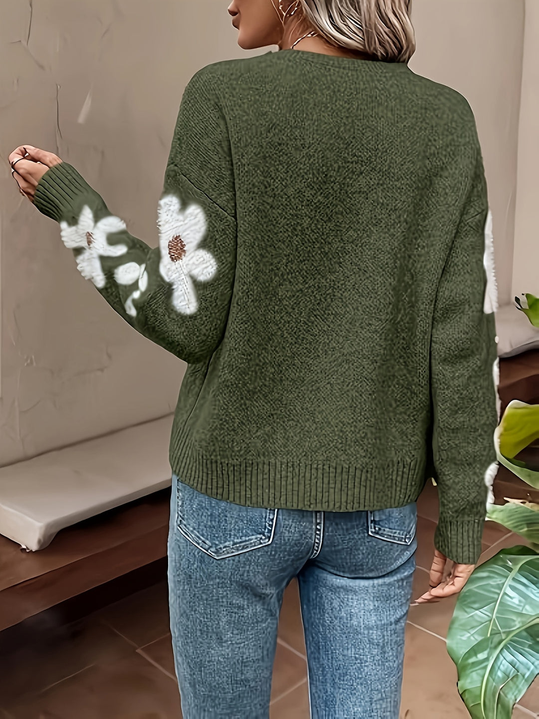 Zoe-Grace Floral Sleeve Crewneck Sweater