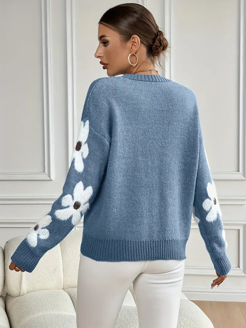Zoe-Grace Floral Sleeve Crewneck Sweater