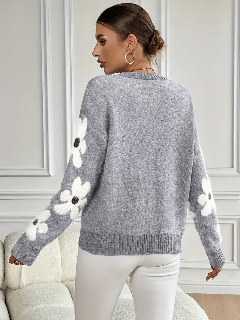 Zoe-Grace Floral Sleeve Crewneck Sweater
