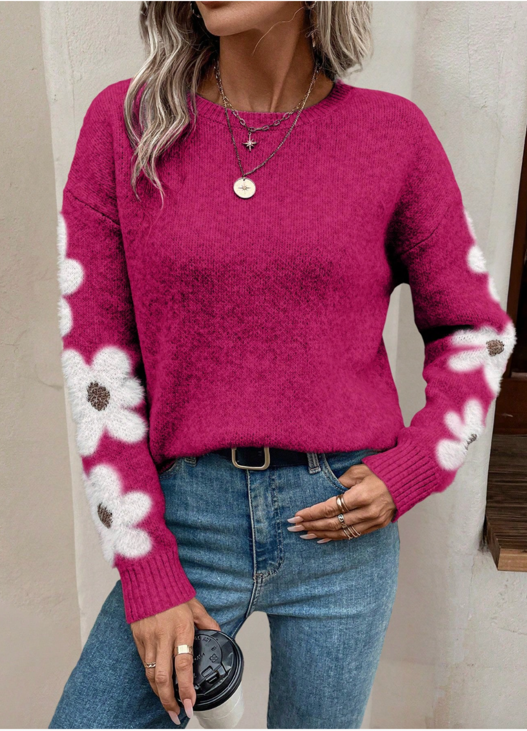 Zoe-Grace Floral Sleeve Crewneck Sweater