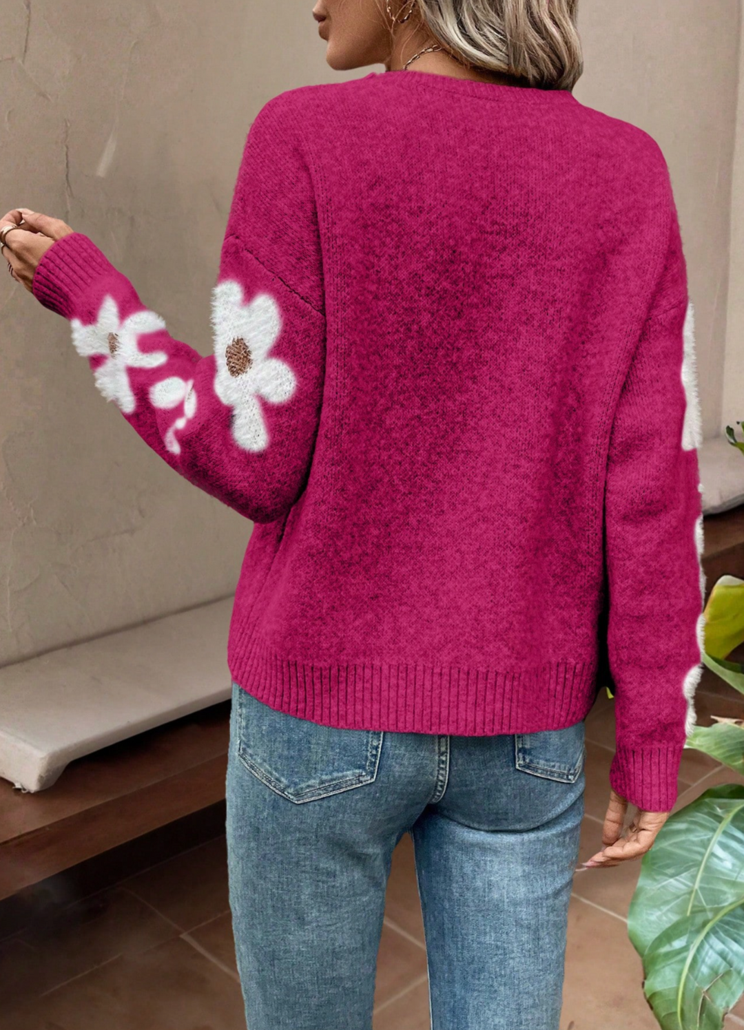 Zoe-Grace Floral Sleeve Crewneck Sweater