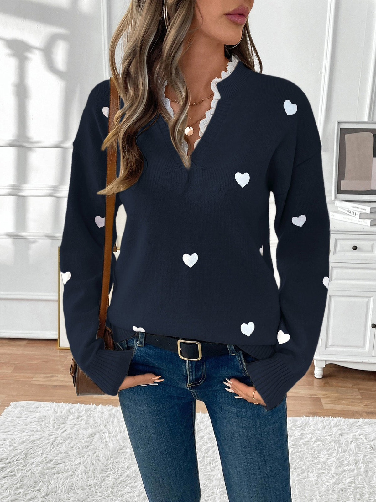 Sabine Heart Print Lace V-Neck Sweater