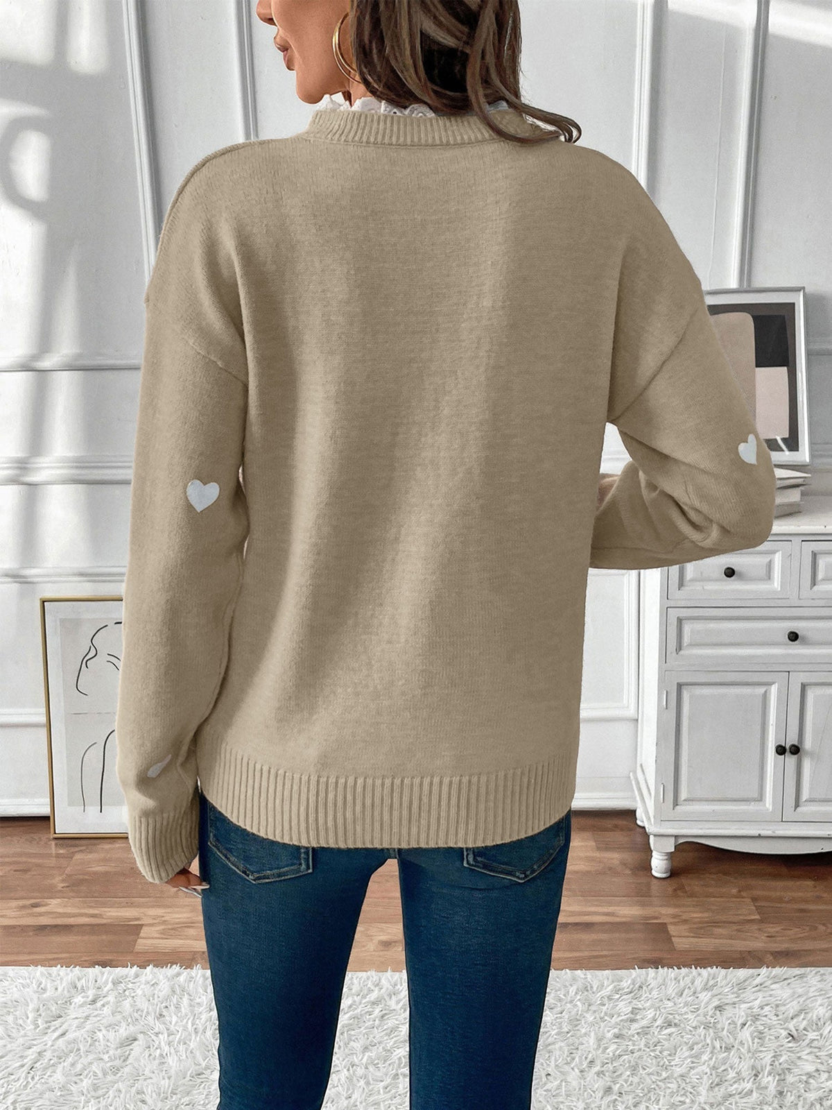 Sabine Heart Print Lace V-Neck Sweater