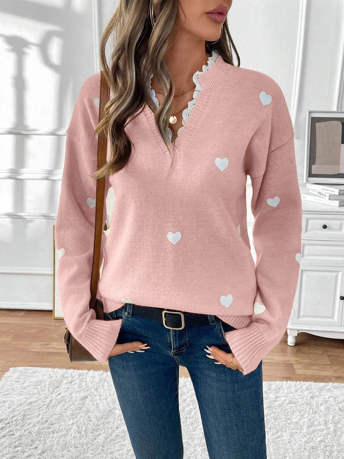 Sabine Heart Print Lace V-Neck Sweater