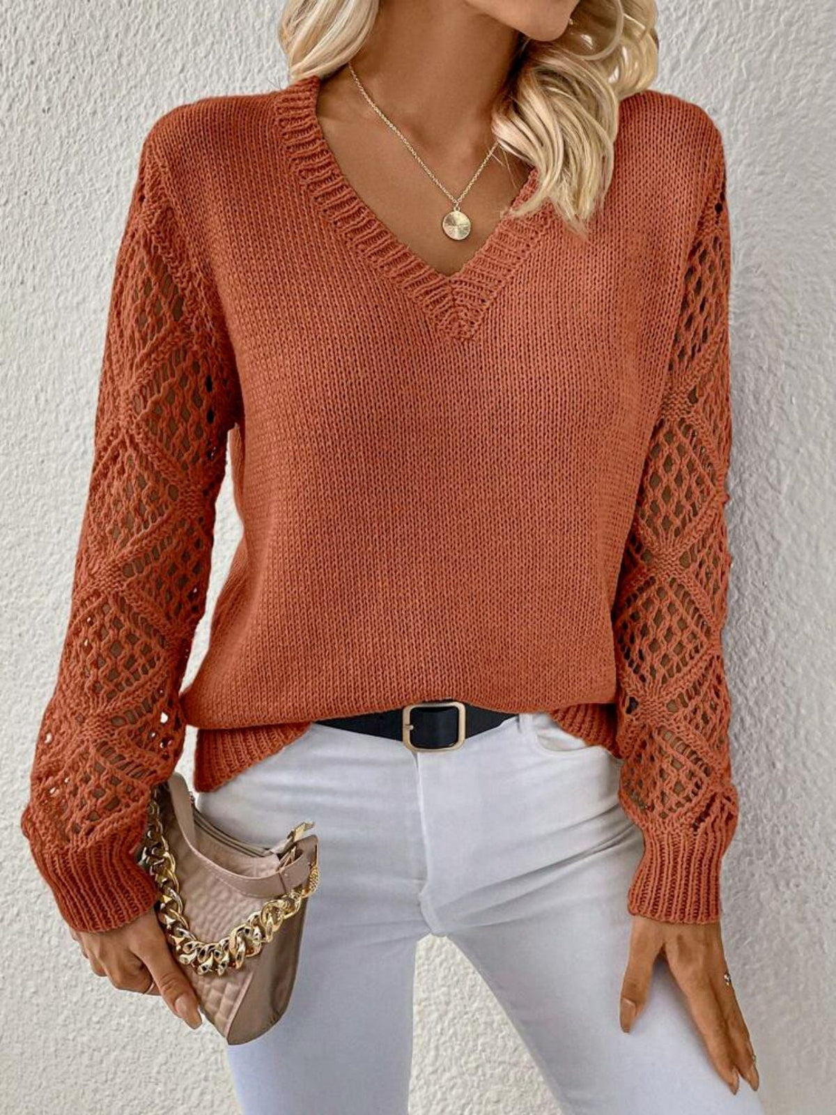 Penny Crochet Sleeve V-Neck Sweater