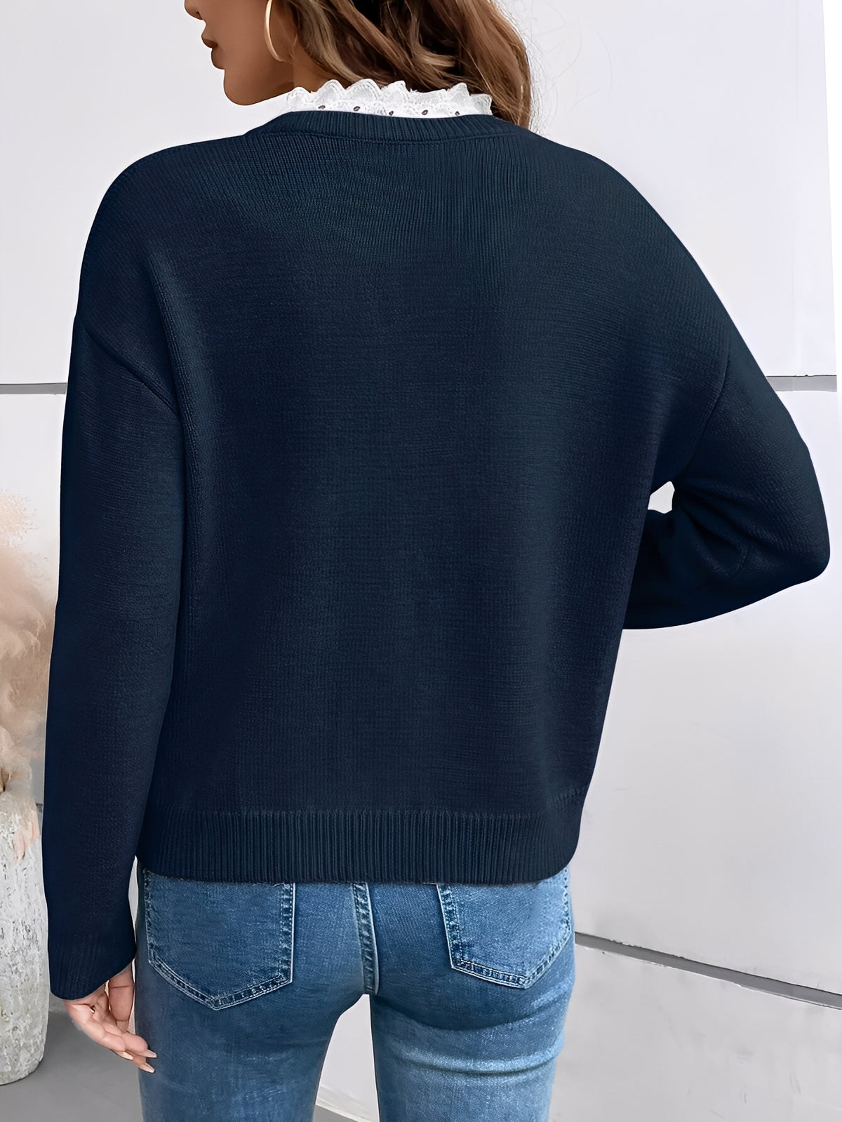 Brisa-Eve Lace Trim V-Neck Sweater