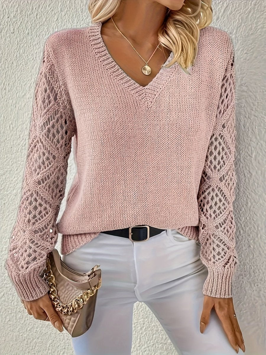 Ilsa-Rae Open Knit Sleeve V-Neck Sweater