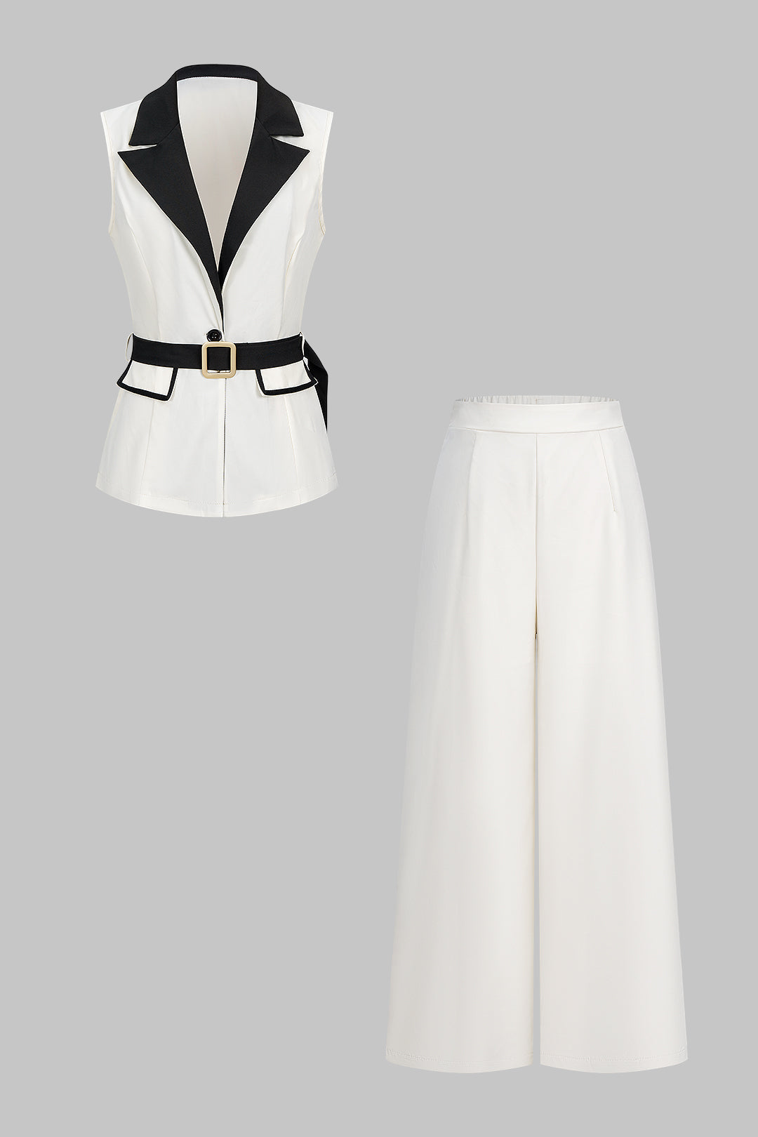Women’s Elegant Belted Sleeveless Waistcoat and Wide Leg Palazzo Trouser Suit – Tailored Two-Piece Outfit for Office and Smart Casual Occasions