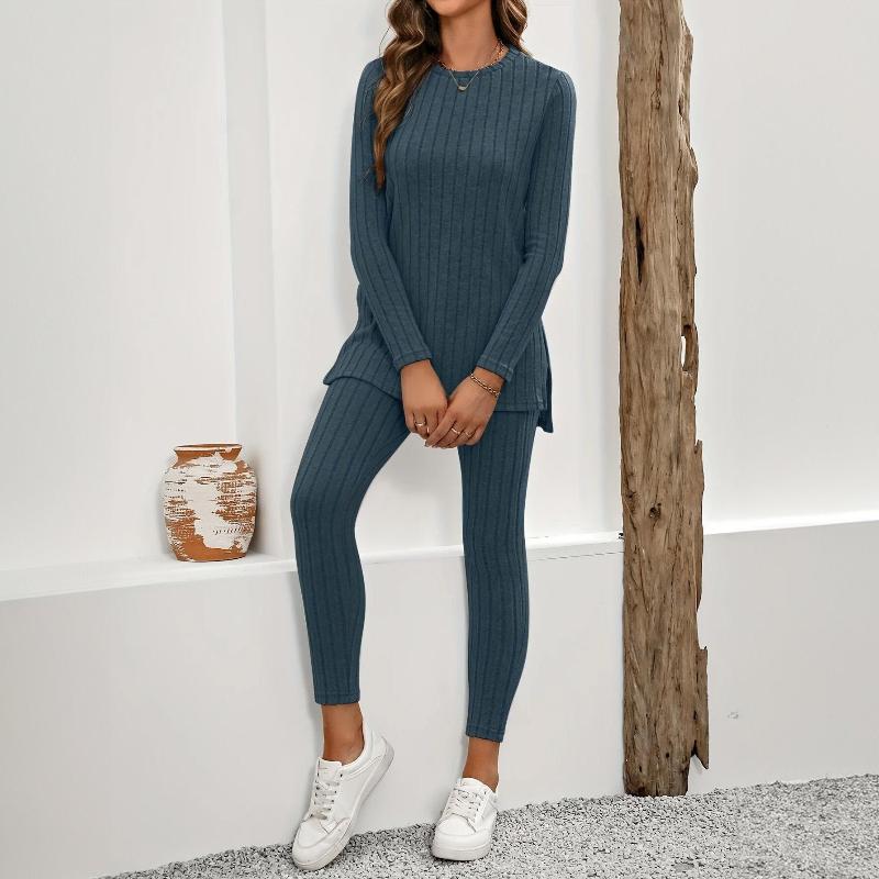 Women's Soft Ribbed Knit Two-Piece Lounge Set with Longline Split Hem Top and High Waisted Slim Fit Trousers – Comfortable Long Sleeve Matching Outfit for Casual Everyday Wear and Relaxed Home Lounging