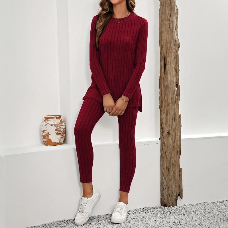 Women's Soft Ribbed Knit Two-Piece Lounge Set with Longline Split Hem Top and High Waisted Slim Fit Trousers – Comfortable Long Sleeve Matching Outfit for Casual Everyday Wear and Relaxed Home Lounging