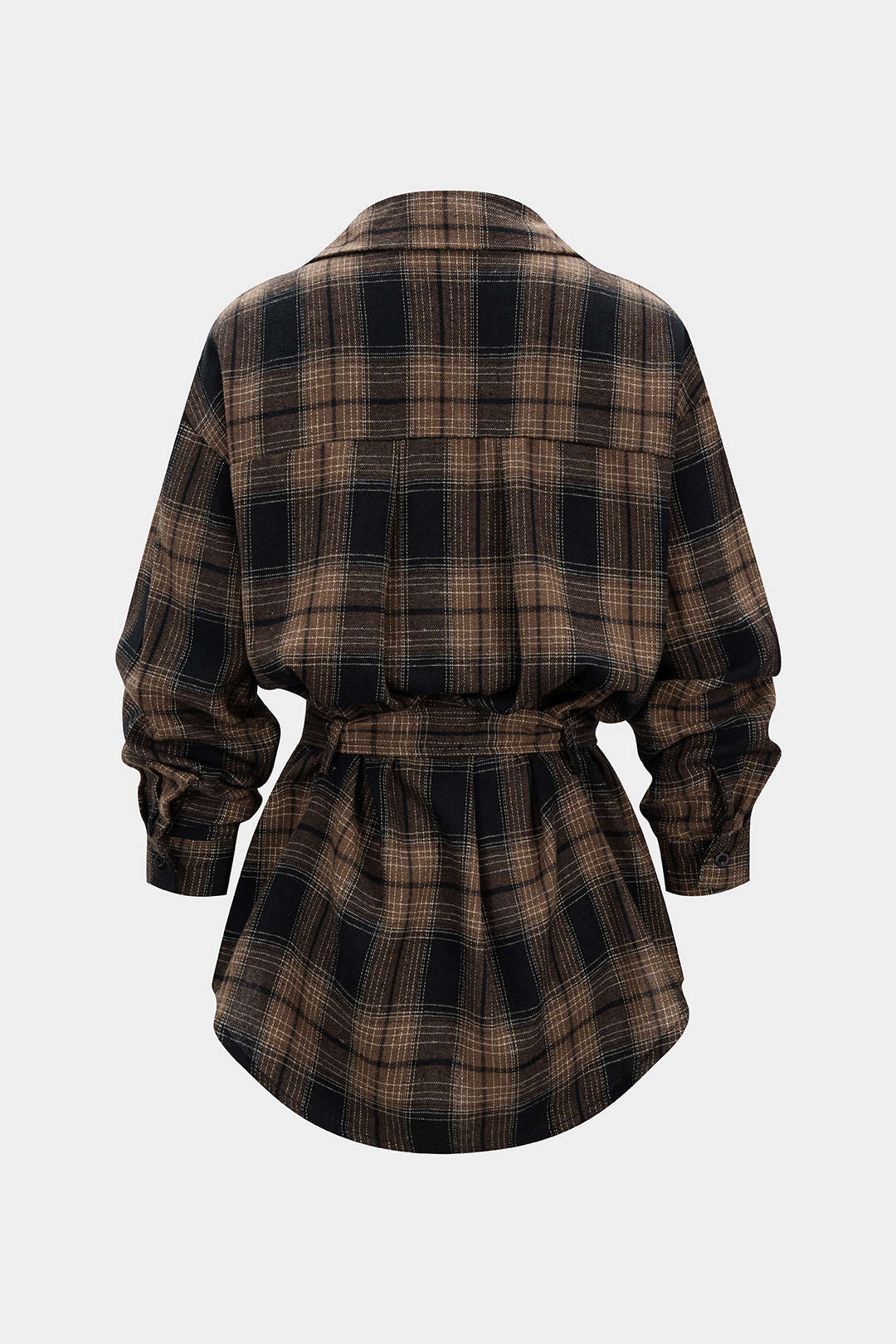 Women’s Belted Checked Shirt with Chest Pocket – Relaxed Long Sleeves and Curved Hem for Everyday Styling