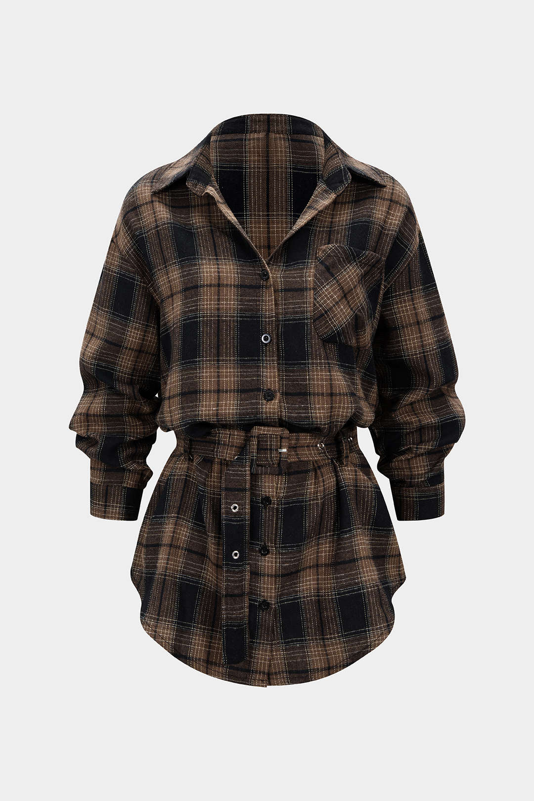 Women’s Belted Checked Shirt with Chest Pocket – Relaxed Long Sleeves and Curved Hem for Everyday Styling