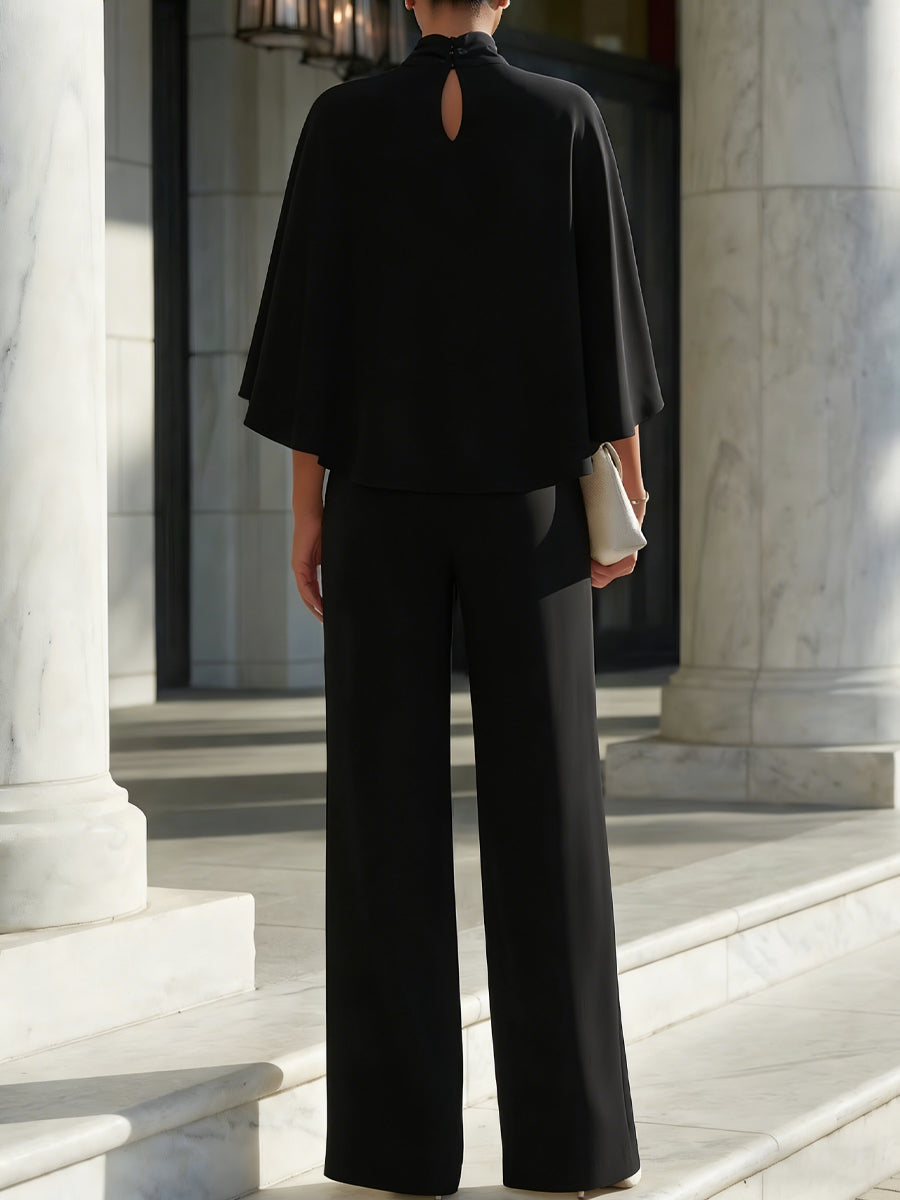 Women’s Elegant High Neck Cape Sleeve Blouse and Wide Leg Split Hem Trouser Set – Sophisticated Two-Piece Evening and Occasion Outfit