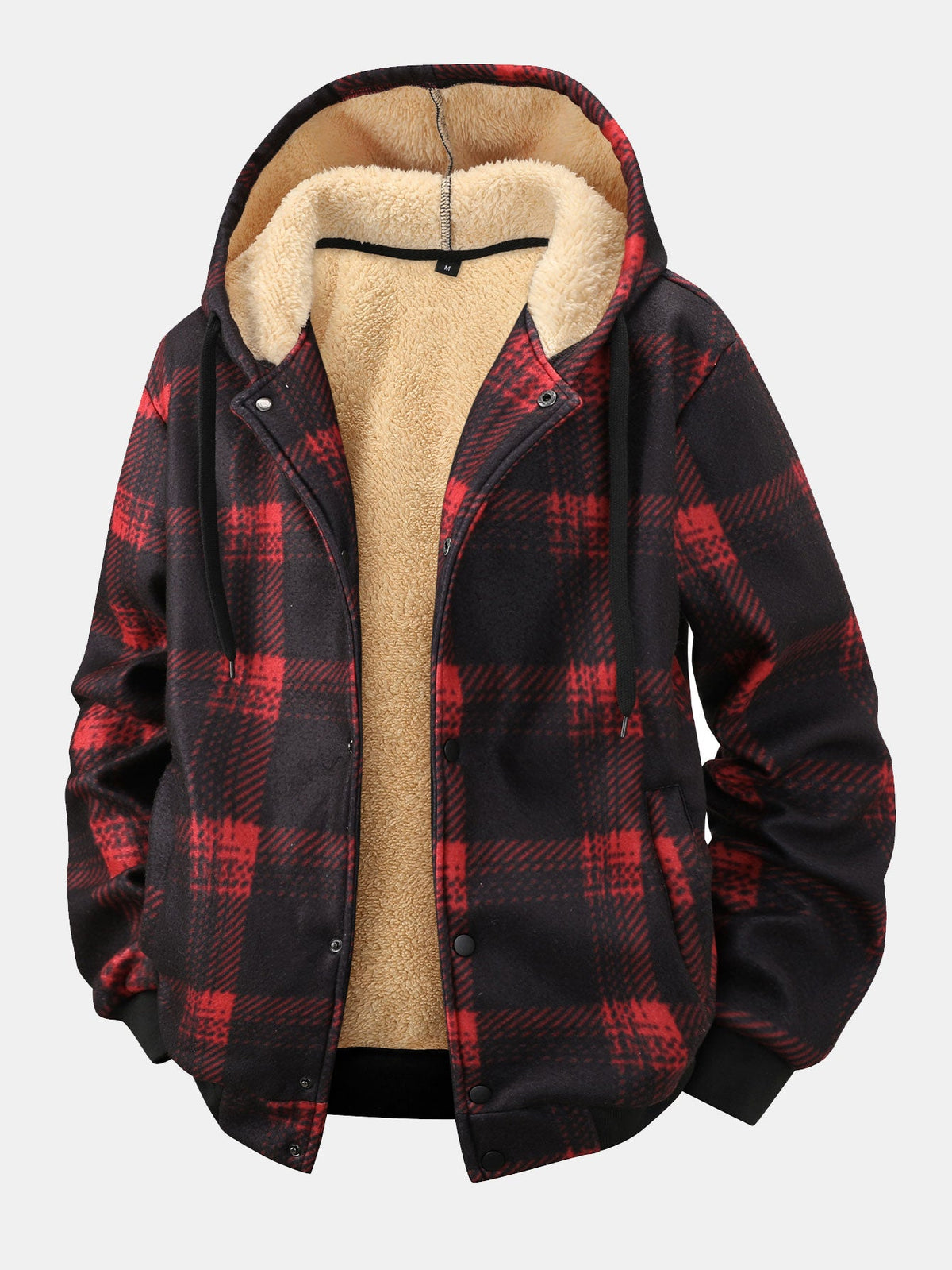 Men's Teddy-Lined Plaid Hooded Jacket – Warm Fleece Winter Outerwear with Drawstring Hood and Classic Check Pattern
