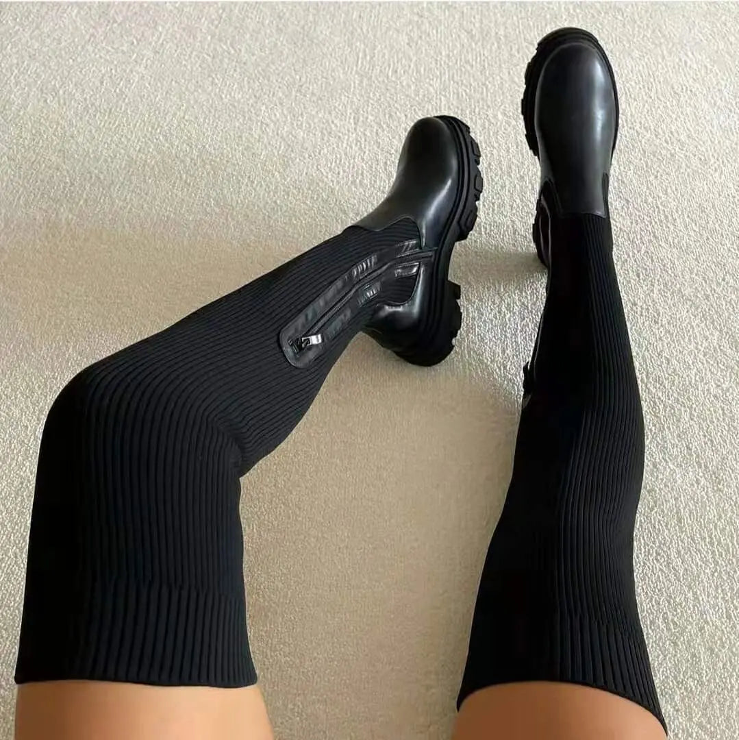 Women's Knit Over-Knee Boots | Flat Sole Stretch Sock Boots