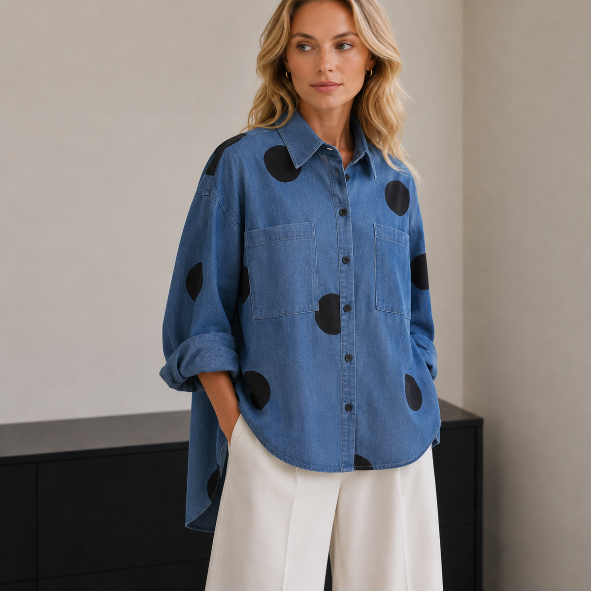 Women's Oversized Long Sleeve Denim Shirt with Printed Design and Chest Pockets – Relaxed Fit Button-Up Casual Top for Everyday Streetwear and Weekend Layering