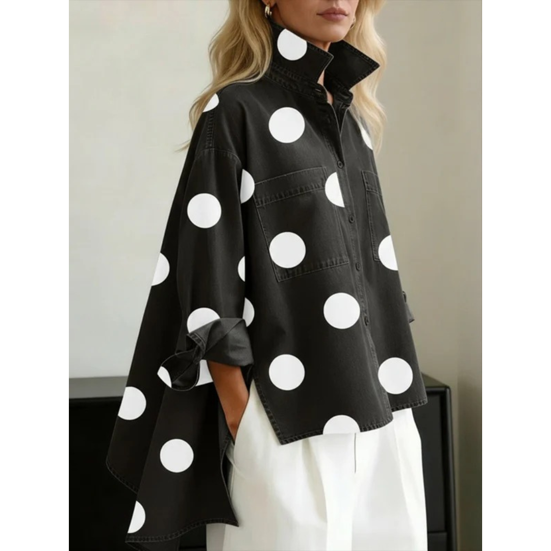 Women's Oversized Long Sleeve Denim Shirt with Printed Design and Chest Pockets – Relaxed Fit Button-Up Casual Top for Everyday Streetwear and Weekend Layering